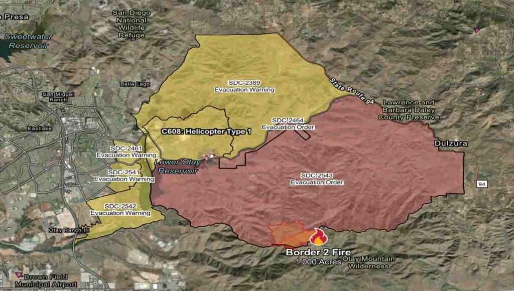 wildfire is burning south of San Diego